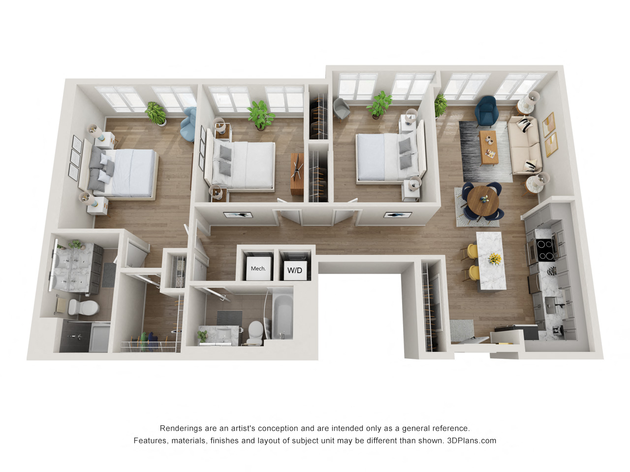 Floor plan for 3 beds, 2 baths, 1337 sqft